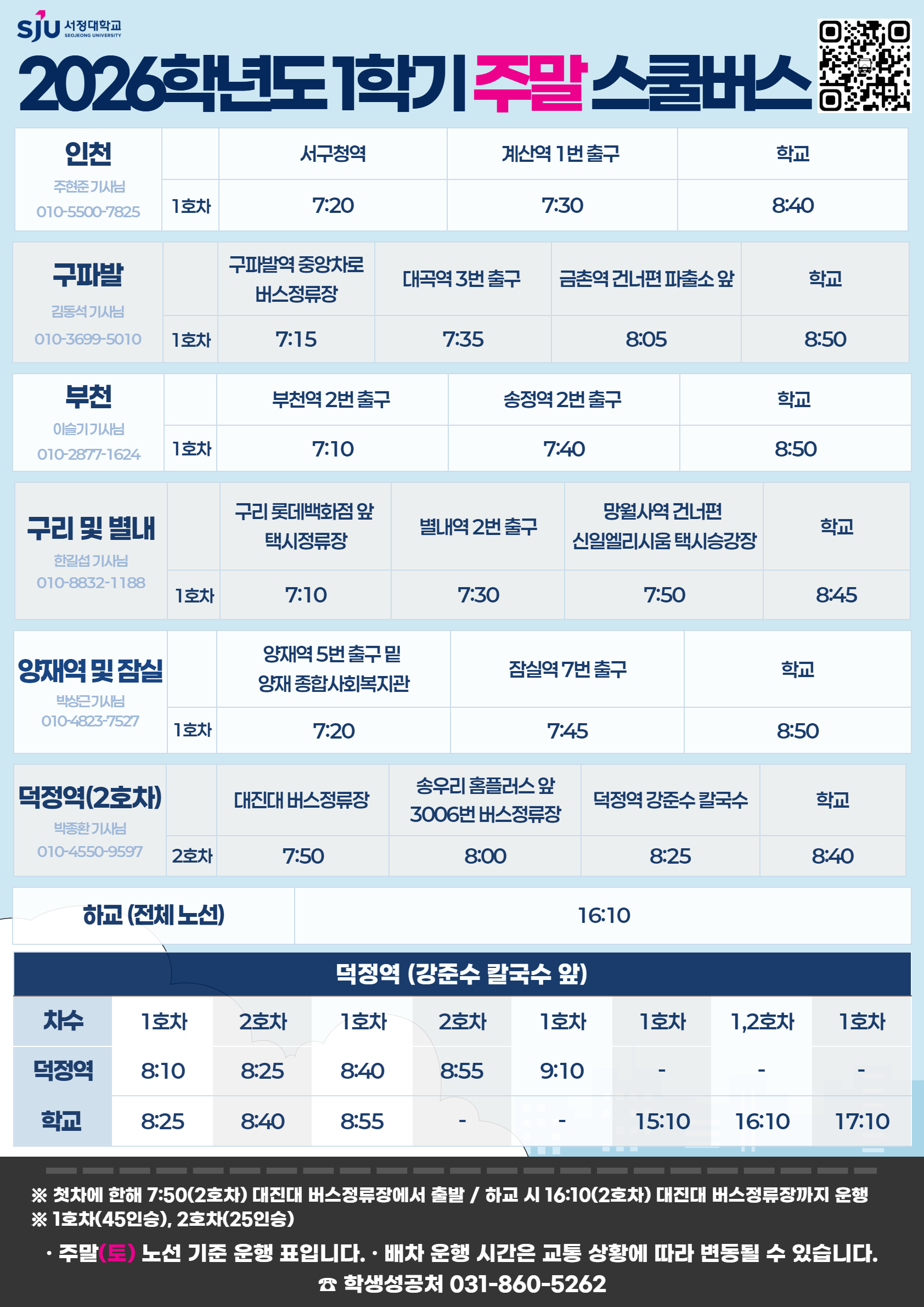 2026학년도 1학기 주말 스쿨버스 안내 / 인천 주현준 기사님 010-5500-7825 / 서구청역 7시 20분 / 계산역 1번 출구 7시 30분 / 학교 8시 40분 / 구파발 김동석 기사님 010-3699-5010 / 구파발역 중앙차로 버스정류장 7시 15분 / 대곡역 3번 출구 7시 35분 / 금촌역 건너편 파출소 앞 8시 05분 / 학교 8시 50분 / 부천 이슬기 기사님 010-2877-1624 / 부천역 2번 출구 7시 10분 / 송정역 2번 출구 7시 40분 / 학교 8시 50분 / 구리 및 별내 한길섭 기사님 010-8832-1188 / 구리 롯데백화점 앞 택시정류장 7시 10분 / 별내역 2번 출구 7시 30분 / 망월사역 건너편 신일엘리시움 택시승강장 7시 50분 / 학교 8시 45분 / 양재역 및 잠실 박상근 기사님 010-4823-7527 / 양재역 5번 출구 밀 양재종합사회복지관 7시 20분 / 잠실역 7번 출구 7시 45분 / 학교 8시 50분 / 덕정역 2호차 김정일 기사님 010-9244-2639 / 대진대 버스정류장 7시 50분 / 송우리 홈플러스 앞 3006번 버스정류장 8시 / 덕정역 강준수 칼국수 앞 8시 25분 / 학교 8시 40분 / 하교 전체 노선 16시 10분 출발 / 주말 토요일 기준 운행 / 교통 상황에 따라 변동 가능 / 학생성공처 031-860-5262 / 서정대학교 로고 포함.
