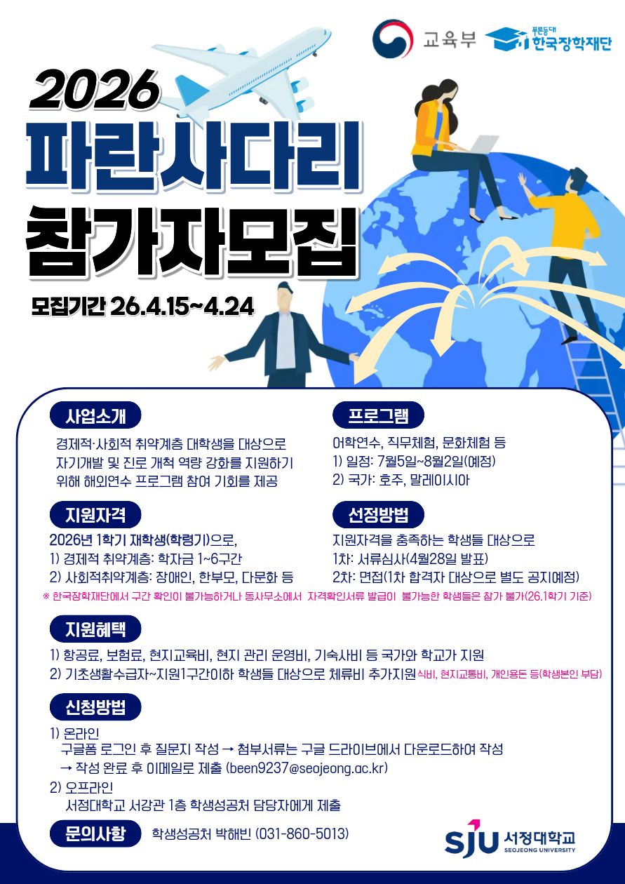 안녕하세요. 학생성공처입니다.  교육부 및 한국장학재단이 주관하는 2026학년도 파란사다리 해외연수 사업에 우리 대학이 선정됨에 따라,  추가 참가자를 아래와 같이 모집하오니, 참여를 희망하는 학생들은 기한 내 관련 서류를 제출하여 주시기 바랍니다.      모집 개요  -연수국가: 호주10명, 말레이시아10명(서정대학교생 17명+타교생3명, 총 20명)   -선발방법: 서류심사(50%) + 면접심사(50%)      지원자격   **2026학년도 1학기 재학생(학령기 학생) **   -경제적·사회적 취약계층 학생    -경제적 취약계층: 학자금지원구간 1~6구간(2026-1학기 기준)    ※ 기초생활수급자, 차상위계층~3구간 학생 우선선발 및 가산점 부여    -사회적 취약계층: 장애인, 한부모가정, 다문화가정 등   ※ 소득구간 확인 또는 자격증빙서류 발급이 불가한 경우 참여 불가     모집기간 및 지원방법  -제출기간: 2026.04.24.(금) 17:00까지   -1차발표: 2026.4.28.(화)  -면접일시: 2026.4.30.(목) 14시, 학생성공처 내    문의  -학생성공처  031-860-5013 (박해빈)
