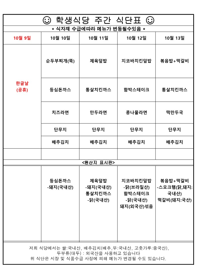 10월 둘째주 학생식당 주간식단표. 10월 10일 뚝배기 순두부찌개,등심돈까스,치즈라면,단무지,배추김치. 원산지는 등심돈까스는 돼지(국내산)입니다. 10월 11일 제육덮밥,통살치킨까스,만두라면,단무지,배추김치. 원산지는 제육덮밥은 돼지(국내산)입니다. 원산지는 통살치킨까스는 닭(국내산) 입니다. 10월 12일 지코바치킨덮밥,함박스테이크,콩나물라면,단무지, 배추김치. 원산지는 지코바치킨덮밥은 닭(브라질산입니다. 함박스테이크는 닭(국내산) 돼지(외국산)섞음 입니다.10월 13일 볶음밥,떡갈비,통살치킨까스,떡만두국,단무지,배추김치. 원산지는 볶음밥 + 떡갈비는 스모크햄(닭,돼지:국내산), 떨갈비(돼지:국산)입니다. 원산지는 쌀:국내산, 배추김치(배추, 무:국내산, 고춧가루:중국산), 두부류(대두):외국산입니다.