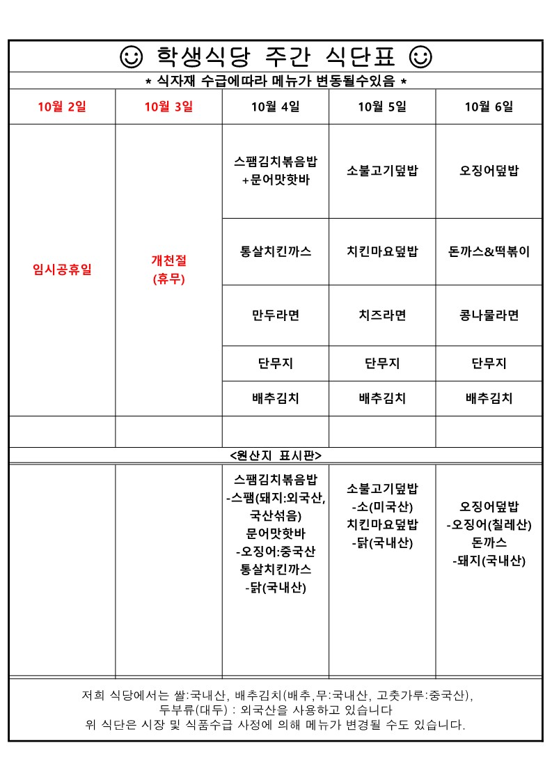 학생식당 주간 식단표. 10월 16일 메뉴는 오징어덮밥, 등심돈까스, 만두라면, 단무지, 배추김치입니다. 원산지는 오징어덮밥-오징어 (칠레산), 등심돈까스 -돼지고기(국내산) 입니다.10월 17일 메뉴는 김치볶음밥, 핫도그, 통살치킨까스, 계란라면, 단무지, 배추김치 입니다. 원산지는 김치볶음밥 + 핫도그-햄(닭, 돼지 - 국내산), 통살치킨까스-닭(국내산) 입니다. 10월 18일 메뉴는 부대찌개 뚝배기, 치즈함박스테이크, 콩나물라면, 단무지, 배추김치 입니다. 원산지는 부대찌개-부대햄(돼지:외국산, 돈지방:국산), 후랑크-닭, 돼지(국내산), 함박스테이크-닭(국내산), 돼지(외국산) 섞여 있습니다. 10월 19일 메뉴는 닭갈비덮밥, 등심돈까스, 단무지, 배추김치 입니다. 원산지는 닭갈비덮밥-닭(브라질산), 등심돈까스-돼지(국내산) 입니다. 10월 20일 메뉴는 제육덮밥, 통살치킨까스, 잔치국수, 단무지, 배추김치 입니다. 원산지는 제육덮밥-돼지(국내산), 통살치킨까스-닭(국내산) 입니다. 위 식단은 시장 및 식품수급 사정에 의해 메뉴가 변경될 수도 있습니다.